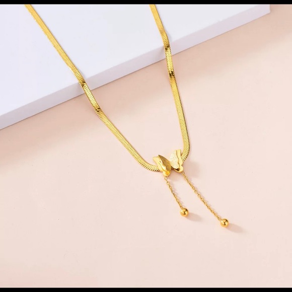 Butterfly Pendant Split Herringbone Gold Necklace - Picture 3 of 6